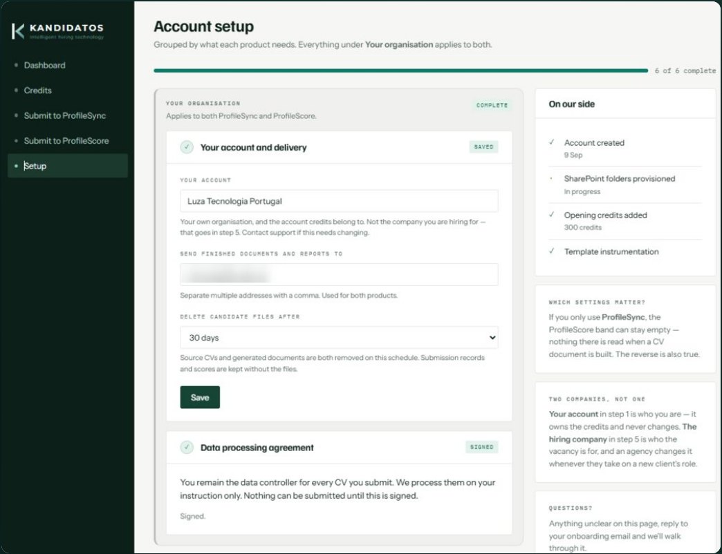The account setup page: your organisation, delivery addresses, file retention and the signed data processing agreement