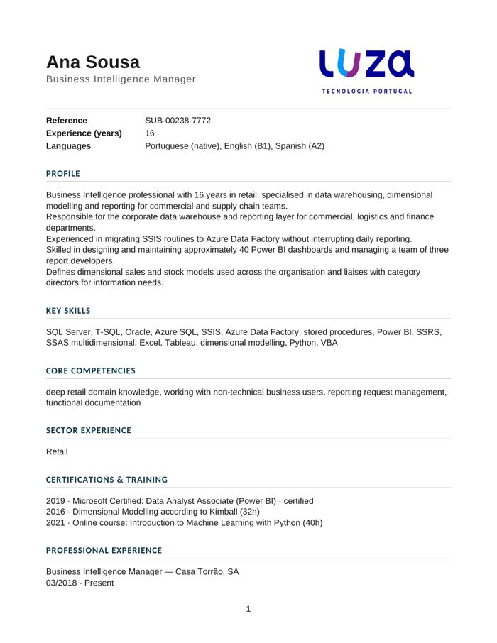 Ana Sousa's CV rebuilt in the standard template
