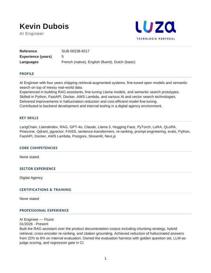Kevin Dubois's CV rebuilt in the standard template