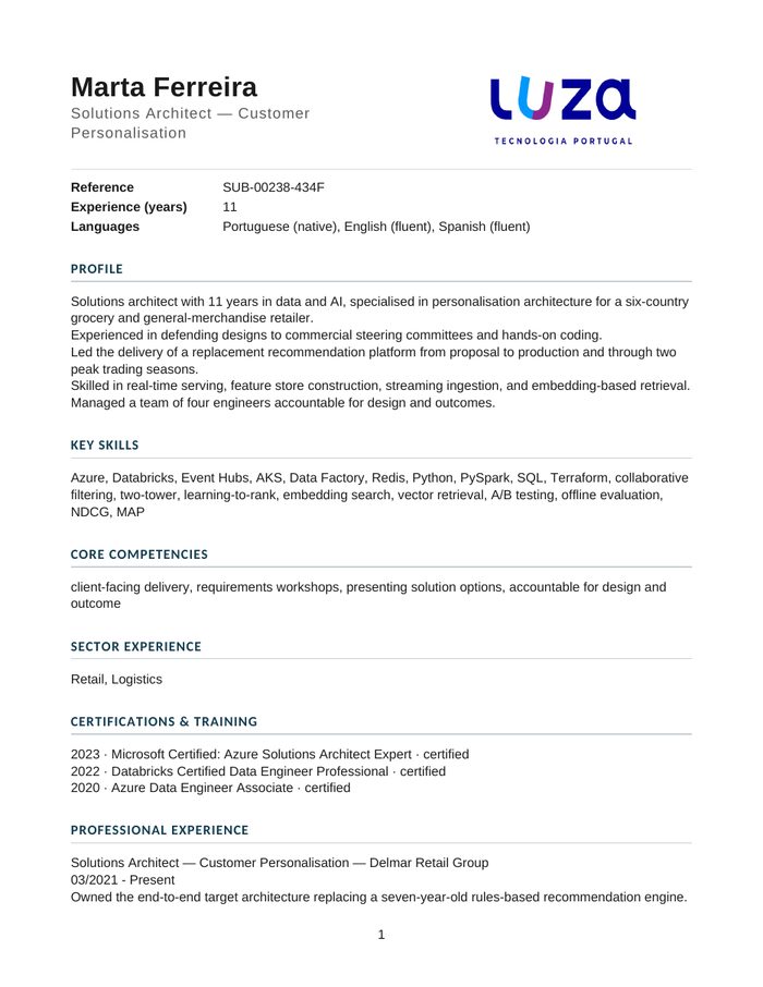 Marta Ferreira's CV rebuilt in the standard template