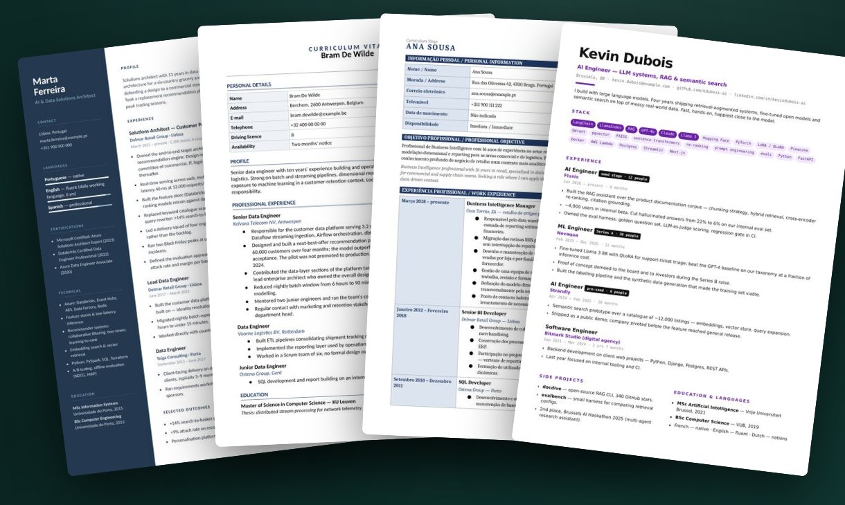 Four incoming CVs fanned out — each in a different layout, format and language