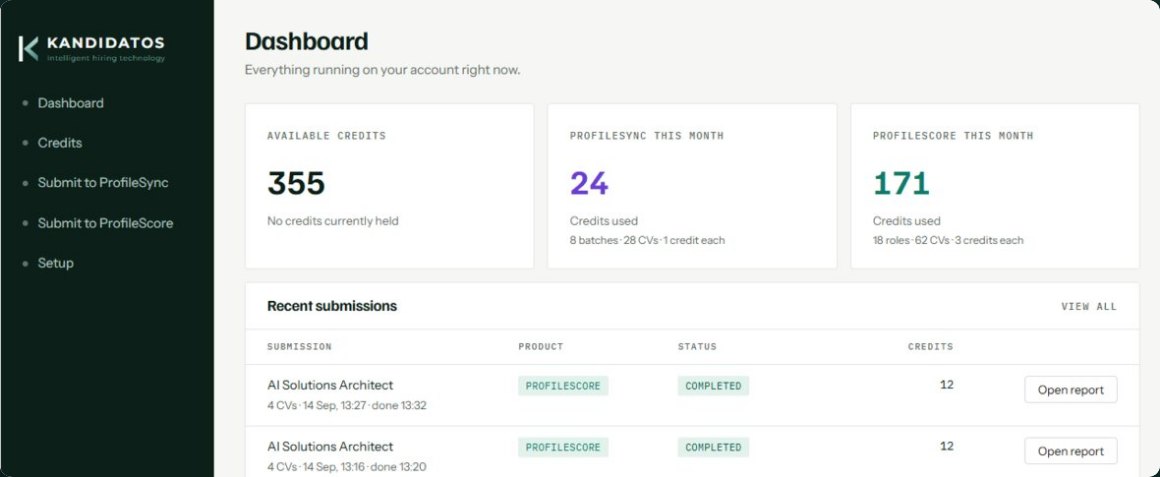 The portal dashboard: 355 available credits, ProfileSync and ProfileScore usage this month, and recent completed submissions