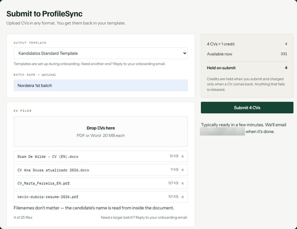 The Submit to ProfileSync screen: output template, batch name, and four dropped CV files with the credits held on submit