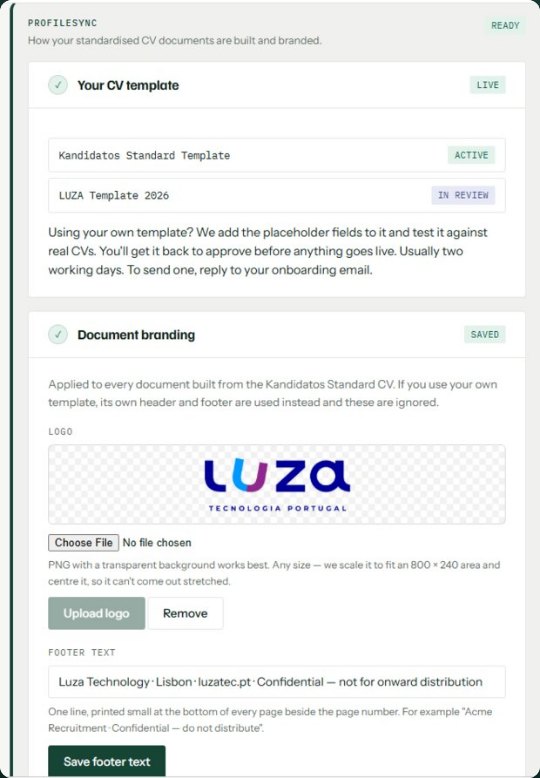 The document branding panel: active CV template, a client template in review, the uploaded logo and the footer line